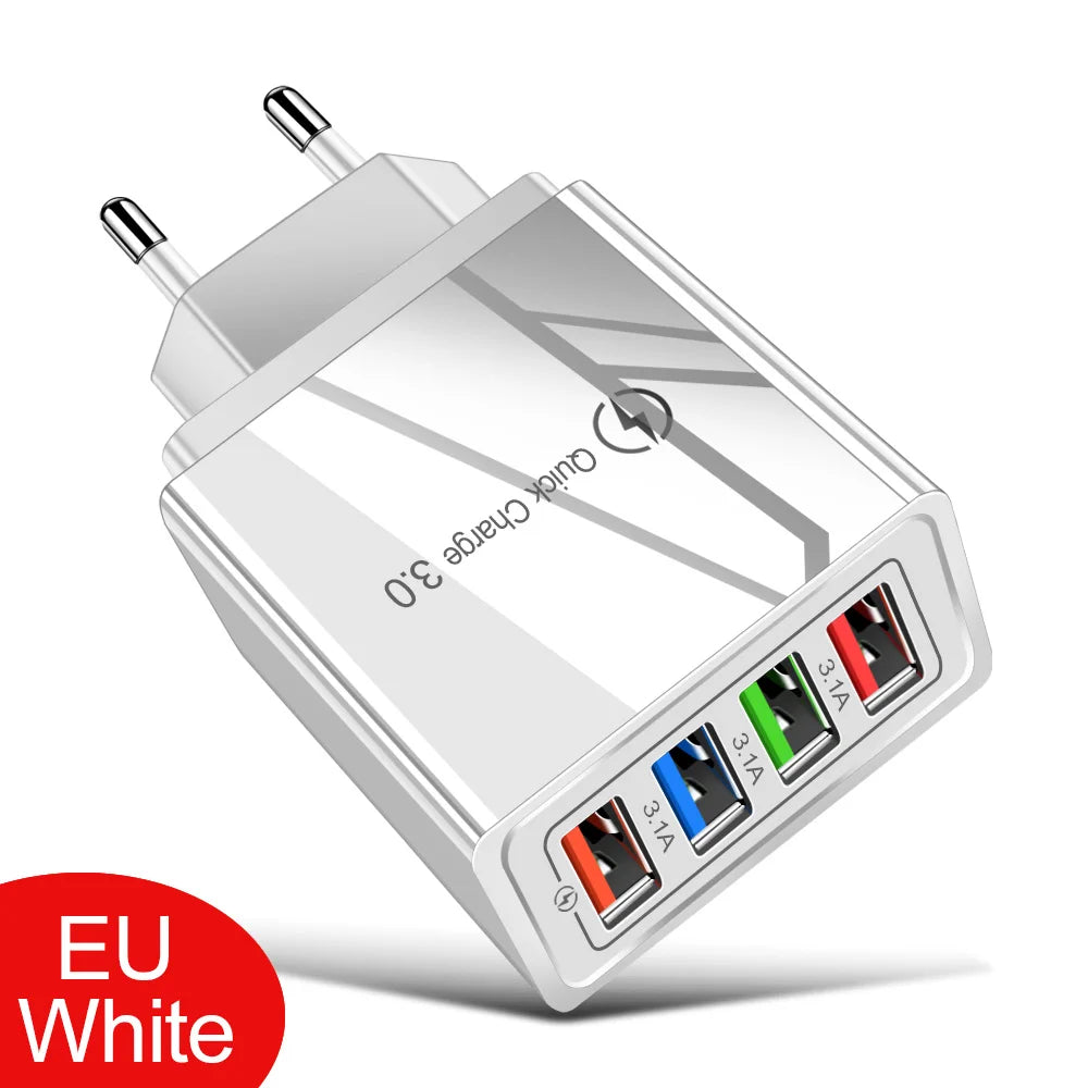 3A 4-Port USB Quick Charge 3.0 Wall Charger – EU/US Plug, Portable Fast Charging Adapter for iPhone 16 Pro