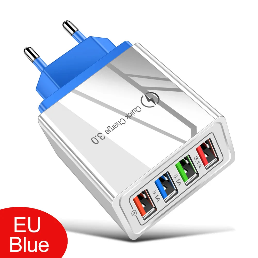 3A 4-Port USB Quick Charge 3.0 Wall Charger – EU/US Plug, Portable Fast Charging Adapter for iPhone 16 Pro