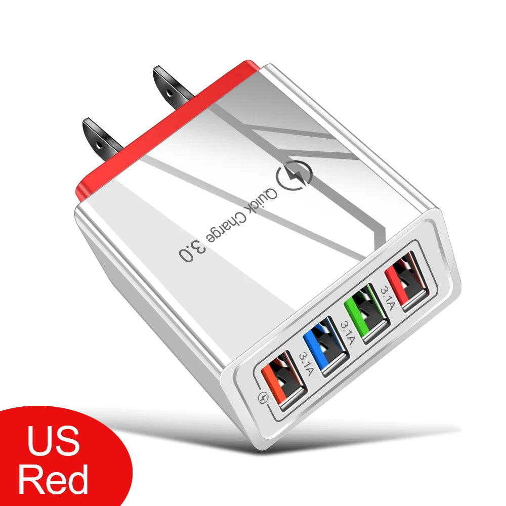3A 4-Port USB Quick Charge 3.0 Wall Charger – EU/US Plug, Portable Fast Charging Adapter for iPhone 16 Pro