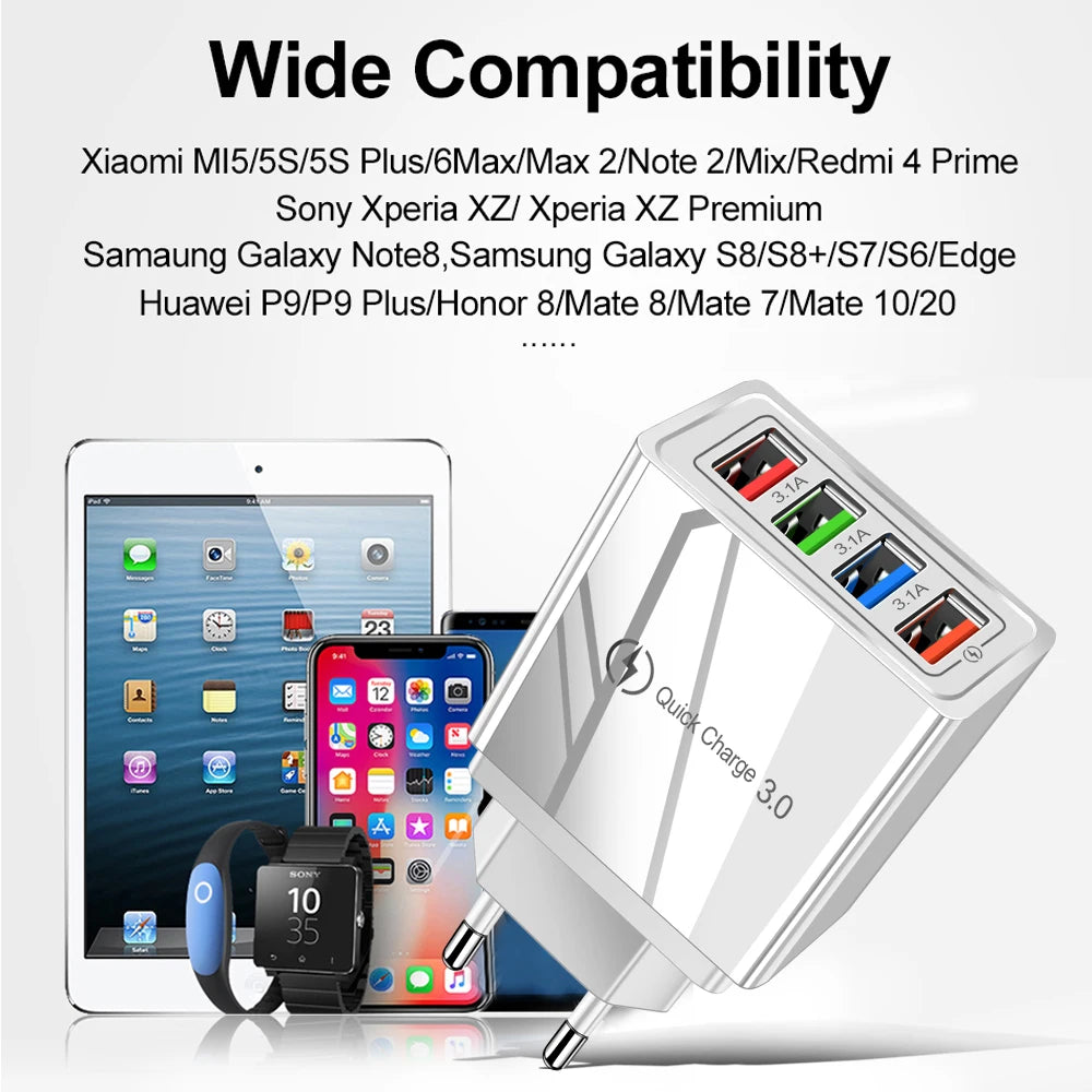 3A 4-Port USB Quick Charge 3.0 Wall Charger – EU/US Plug, Portable Fast Charging Adapter for iPhone 16 Pro