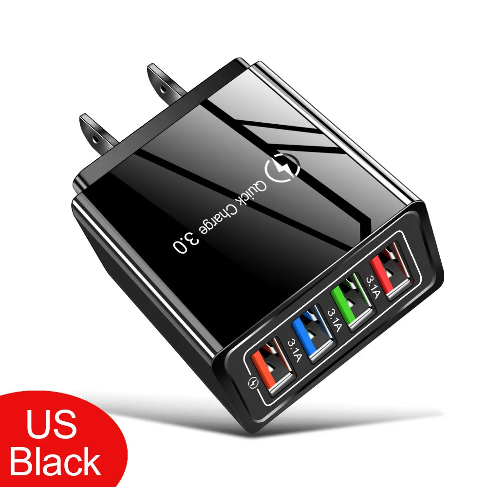 3A 4-Port USB Quick Charge 3.0 Wall Charger – EU/US Plug, Portable Fast Charging Adapter for iPhone 16 Pro