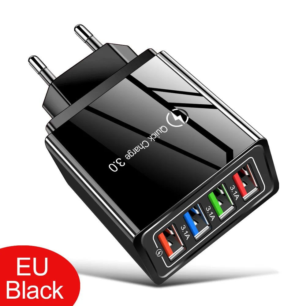 3A 4-Port USB Quick Charge 3.0 Wall Charger – EU/US Plug, Portable Fast Charging Adapter for iPhone 16 Pro