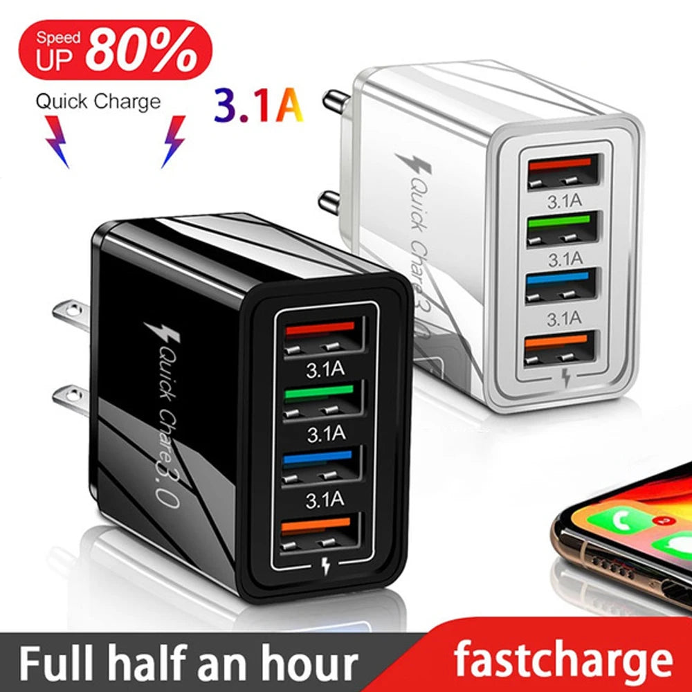 3A 4-Port USB Quick Charge 3.0 Wall Charger – EU/US Plug, Portable Fast Charging Adapter for iPhone 16 Pro