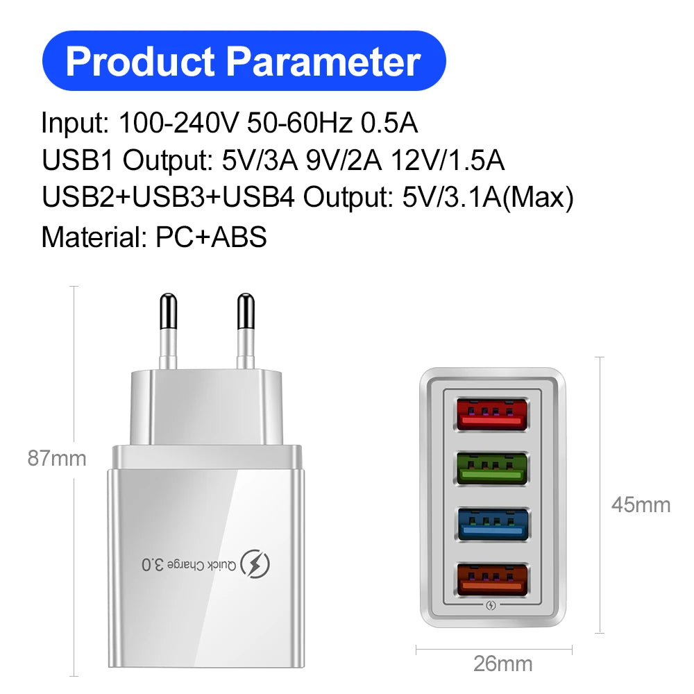 3A 4-Port USB Quick Charge 3.0 Wall Charger – EU/US Plug, Portable Fast Charging Adapter for iPhone 16 Pro