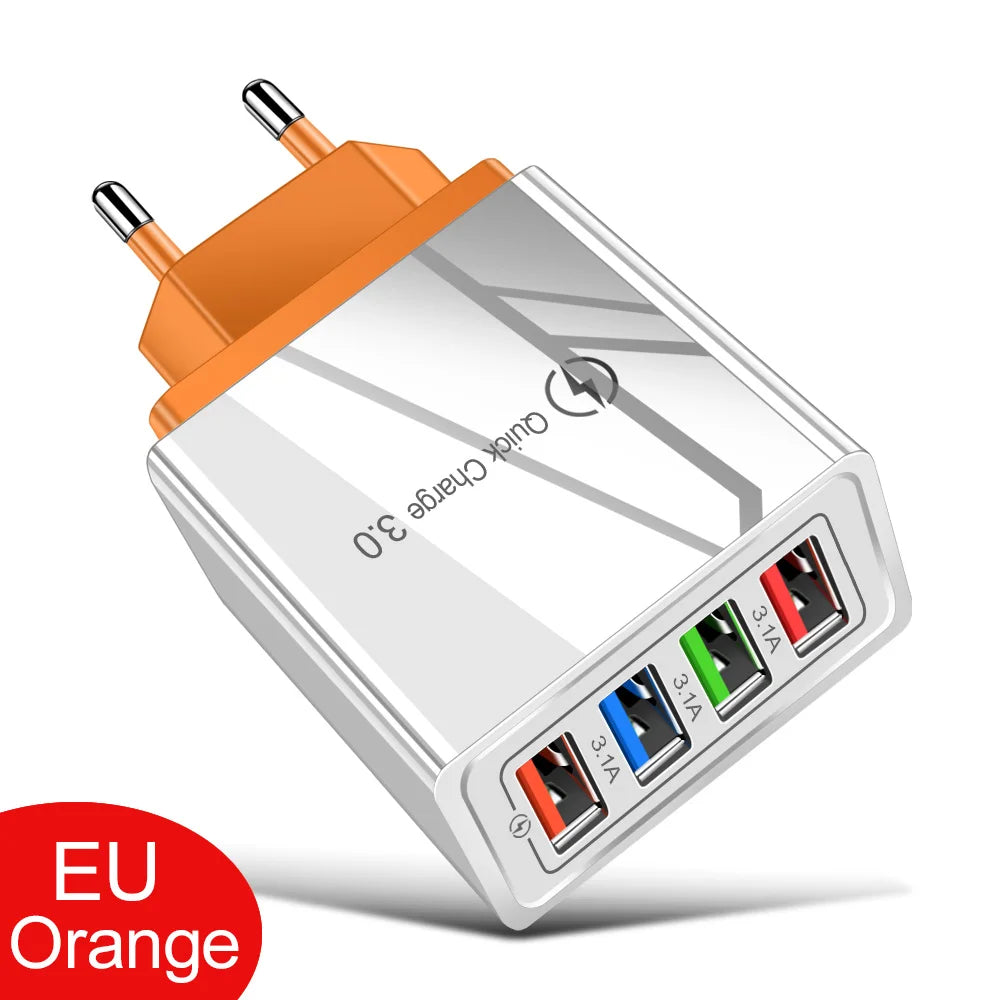3A 4-Port USB Quick Charge 3.0 Wall Charger – EU/US Plug, Portable Fast Charging Adapter for iPhone 16 Pro