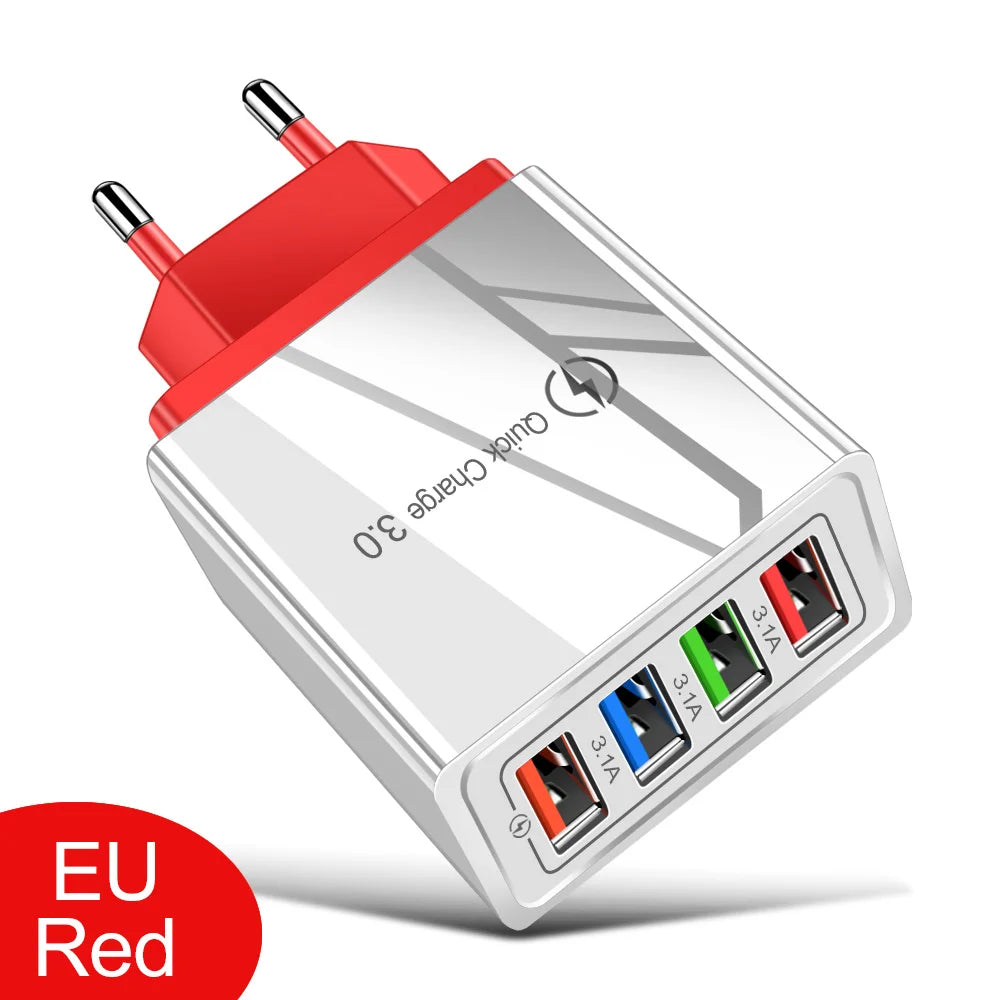 3A 4-Port USB Quick Charge 3.0 Wall Charger – EU/US Plug, Portable Fast Charging Adapter for iPhone 16 Pro