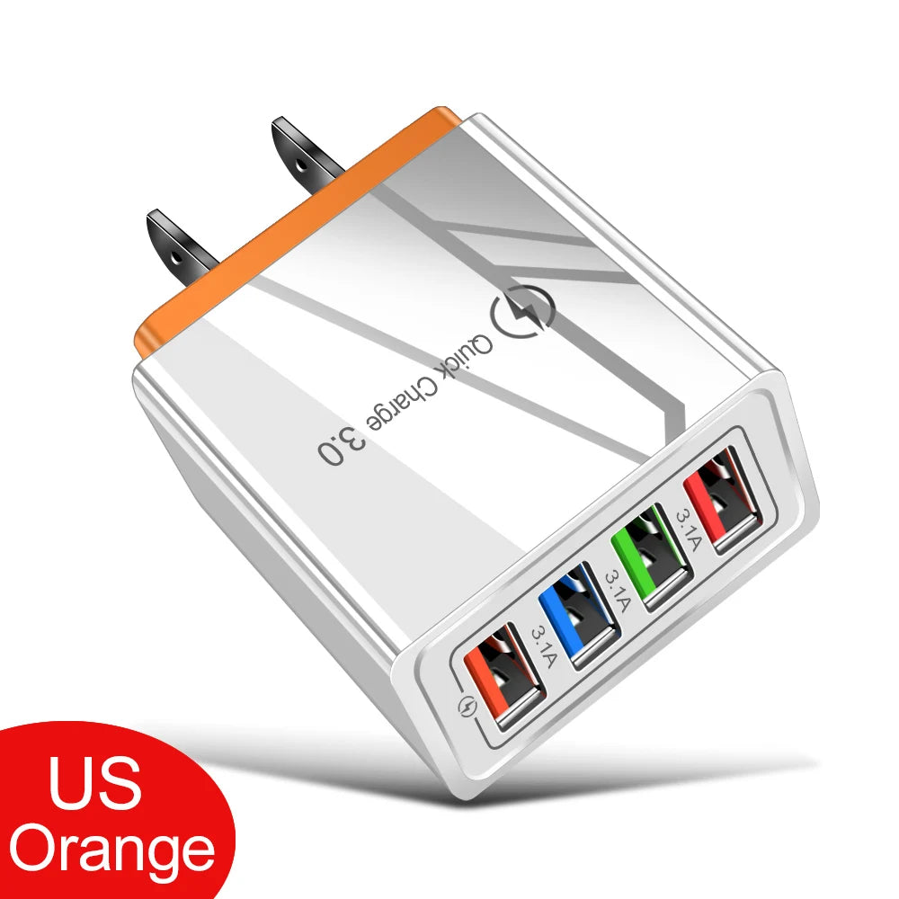 3A 4-Port USB Quick Charge 3.0 Wall Charger – EU/US Plug, Portable Fast Charging Adapter for iPhone 16 Pro