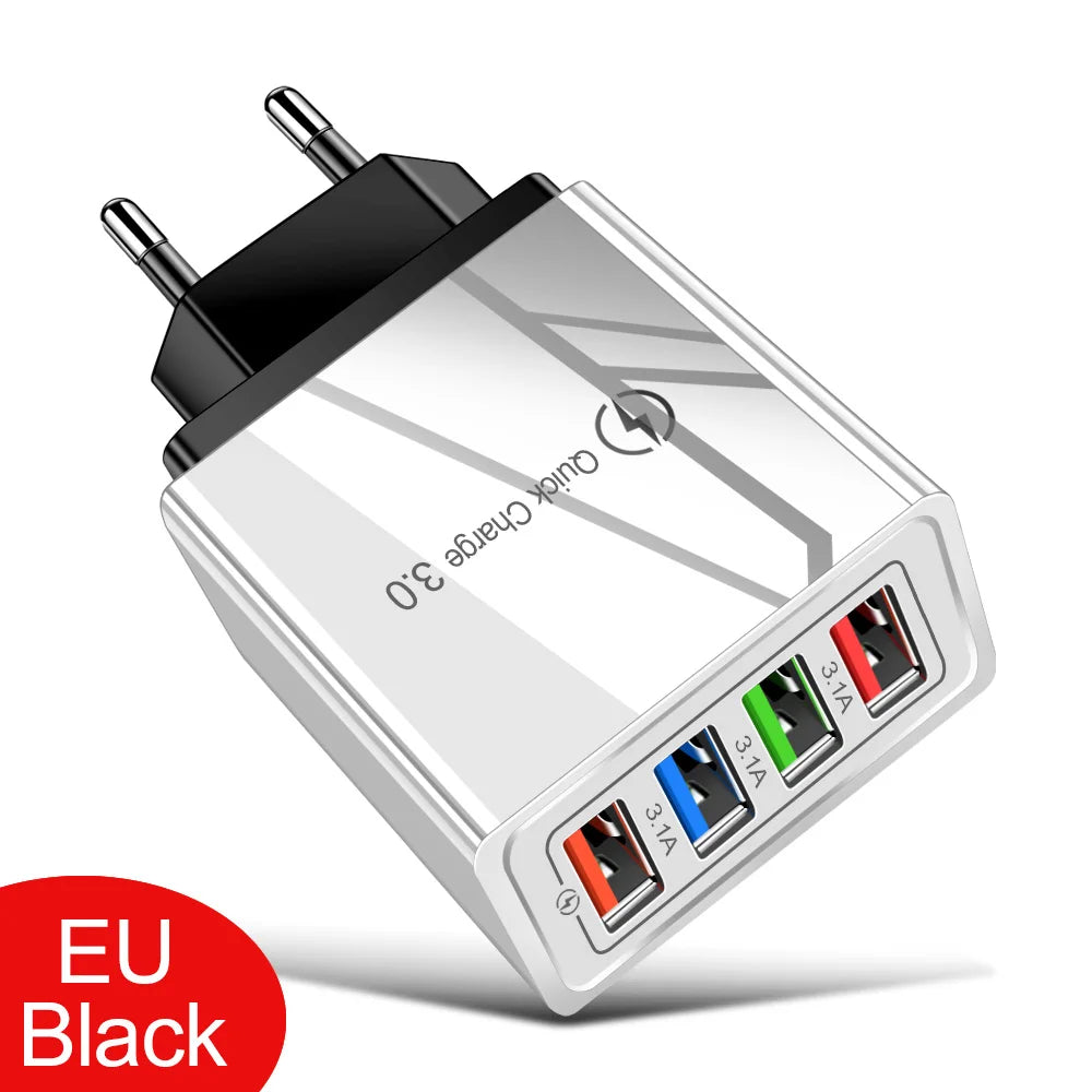 3A 4-Port USB Quick Charge 3.0 Wall Charger – EU/US Plug, Portable Fast Charging Adapter for iPhone 16 Pro