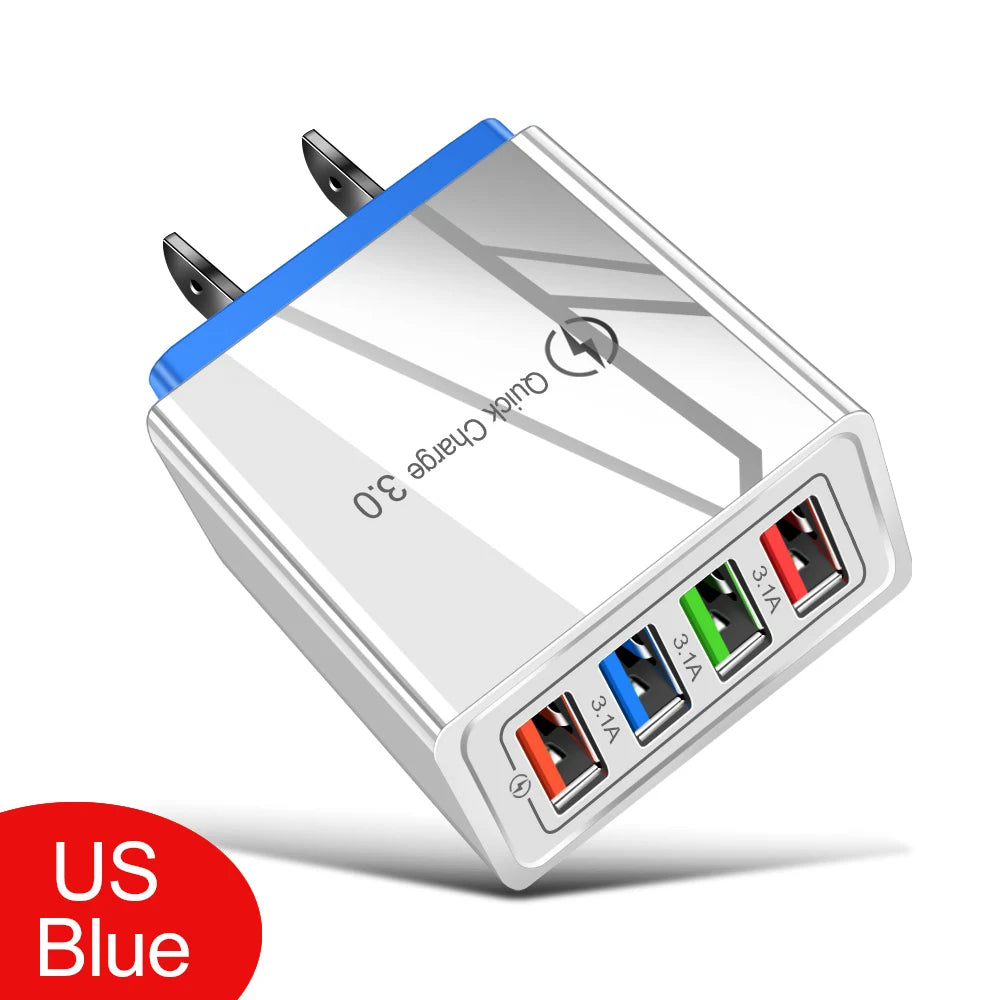 3A 4-Port USB Quick Charge 3.0 Wall Charger – EU/US Plug, Portable Fast Charging Adapter for iPhone 16 Pro