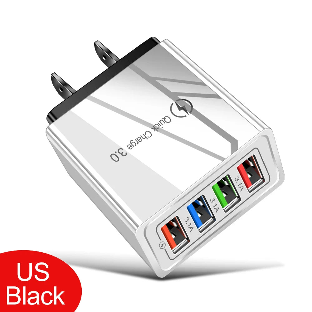 3A 4-Port USB Quick Charge 3.0 Wall Charger – EU/US Plug, Portable Fast Charging Adapter for iPhone 16 Pro