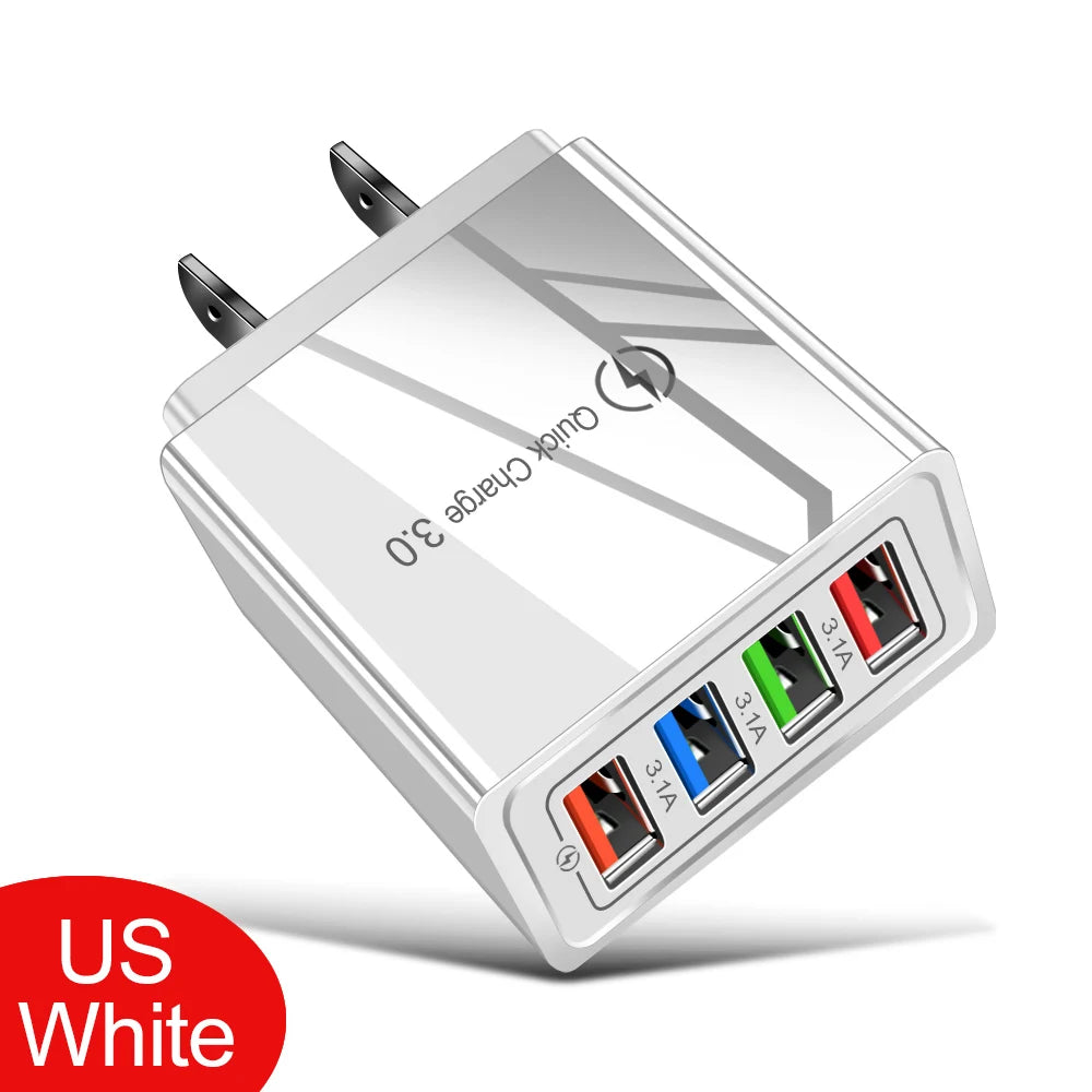 3A 4-Port USB Quick Charge 3.0 Wall Charger – EU/US Plug, Portable Fast Charging Adapter for iPhone 16 Pro