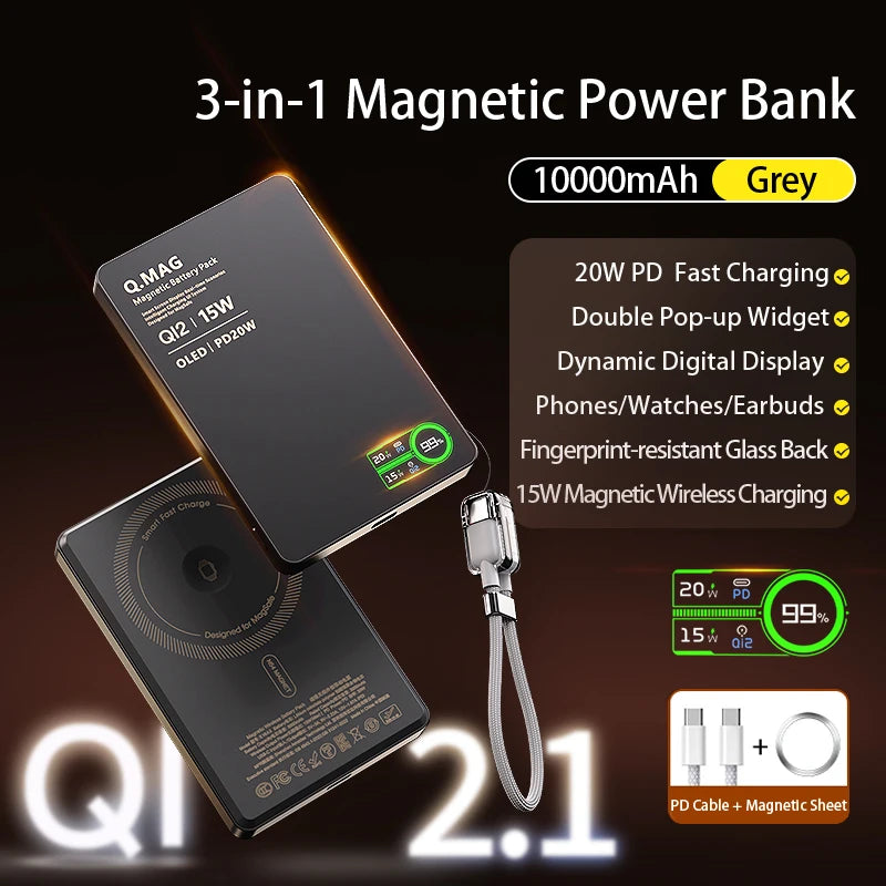 Wireless Magnetic Power Bank – Fast Charging Portable Battery for iPhone 12–17 Pro Max, Watch & AirPods – 5000/10000mAh