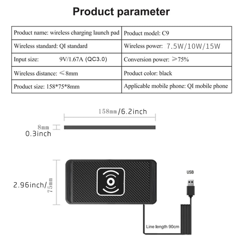 15W Wireless Car Charger Pad – Non-Slip Qi Fast Charging for Android & iPhone 11–14, Vehicle Phone Charger