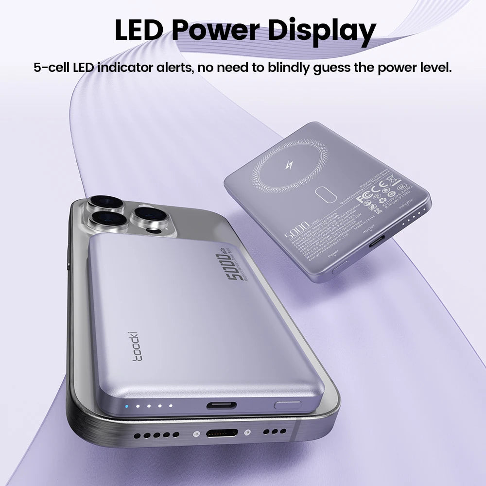 Toocki Magnetic Power Bank 5000mAh – 15W Wireless MagSafe Charging, PD 20W External Battery for iPhone 17/16/15/14/13 Pro Max