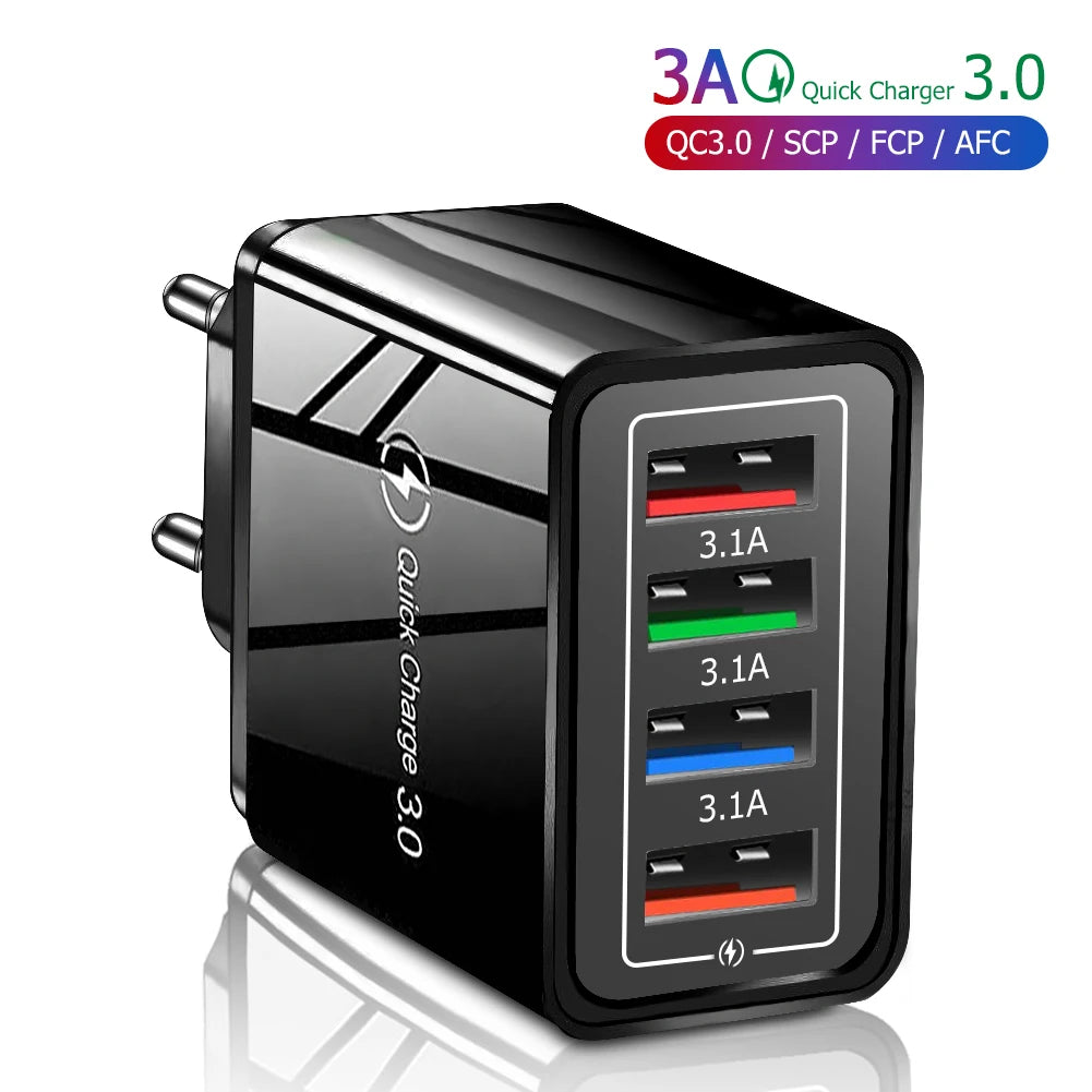 3A 4-Port USB Quick Charge 3.0 Wall Charger – EU/US Plug, Portable Fast Charging Adapter for iPhone 16 Pro