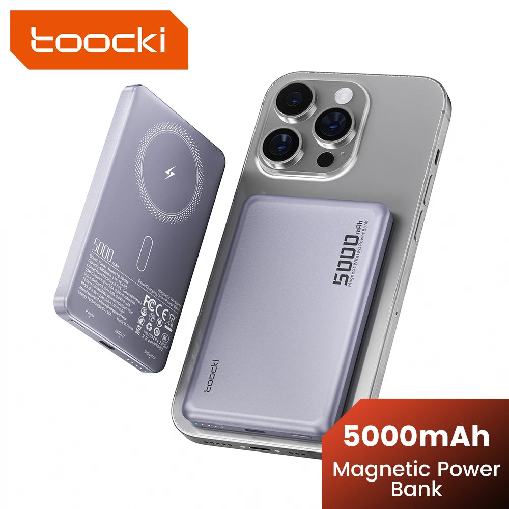 Toocki Magnetic Power Bank 5000mAh – 15W Wireless MagSafe Charging, PD 20W External Battery for iPhone 17/16/15/14/13 Pro Max