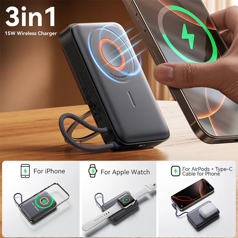3-in-1 Magnetic Power Bank 22.5W Fast Charging – 10000mAh Wireless Portable Charger for iPhone 12–16, AirPods & Watch
