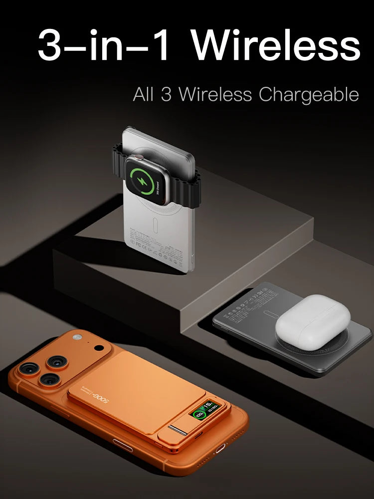 3-in-1 Magnetic Power Bank – 15W Wireless Fast Charging with Intelligent TFT Screen, External Battery for iPhone 12–17, Watch & AirPods