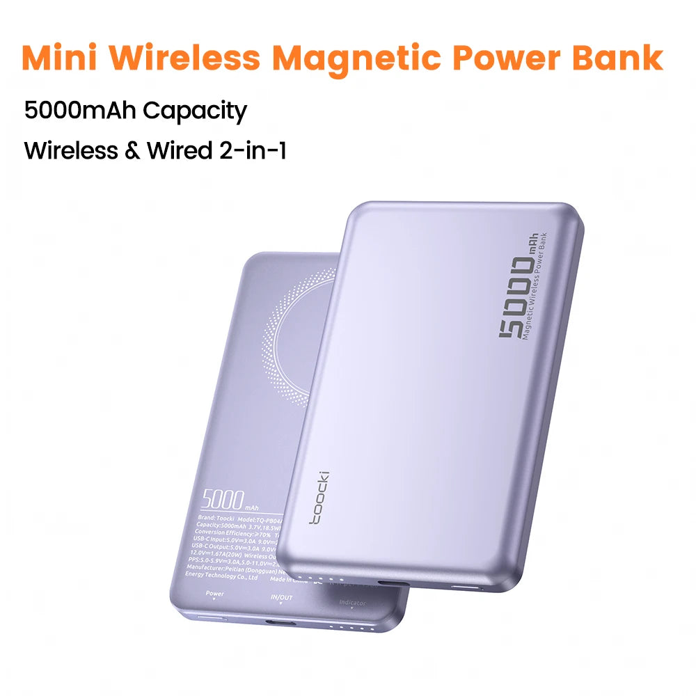 Toocki Magnetic Power Bank 5000mAh – 15W Wireless MagSafe Charging, PD 20W External Battery for iPhone 17/16/15/14/13 Pro Max