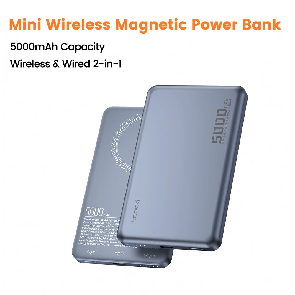 Toocki Magnetic Power Bank 5000mAh – 15W Wireless MagSafe Charging, PD 20W External Battery for iPhone 17/16/15/14/13 Pro Max